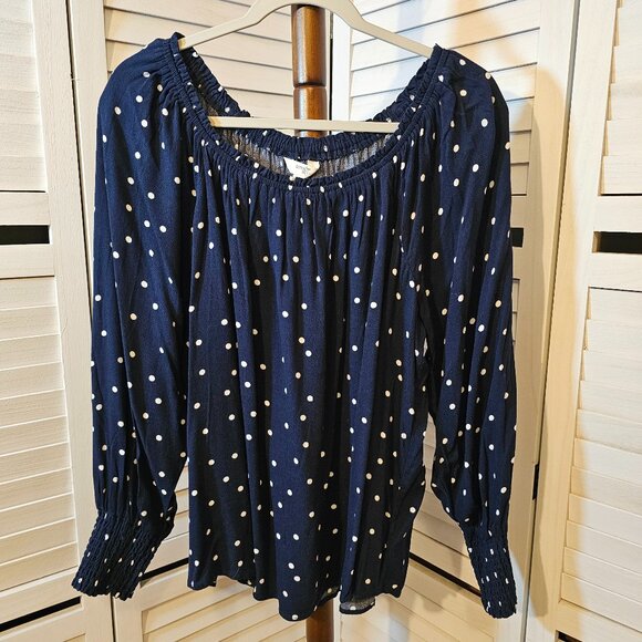 Terra And Sky Tops - Terra & Sky Plus Size 1X 16W-18W, Navy Blue/White Polka Dots Blouse, Long Sleeve
